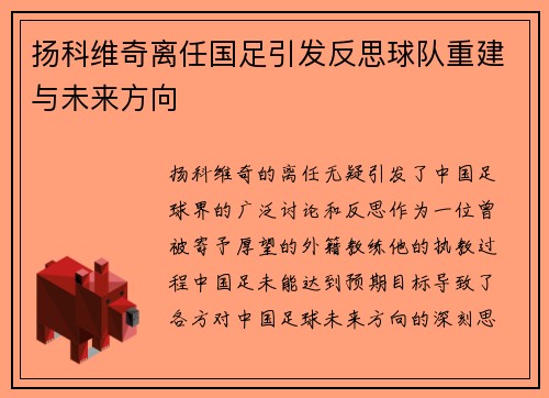 扬科维奇离任国足引发反思球队重建与未来方向